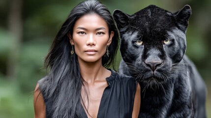 A beautiful woman and a majestic black panther create a stunning portrait of power and grace.