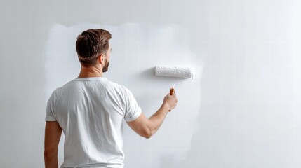 A man paints a white wall with a paint roller, focused on home improvement.