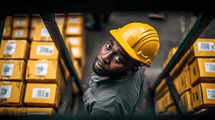 A warehouse worker, wearing a safety helmet, looks up from the boxes in a storage facility.