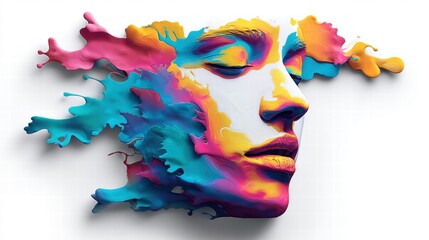 This artistic image showcases a woman's face adorned with colorful paint splashes against a white backdrop.