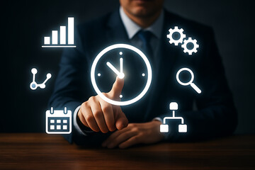 Professional uses futuristic digital clock interface surrounded by productivity and planning icons representing business management efficiency and time optimization