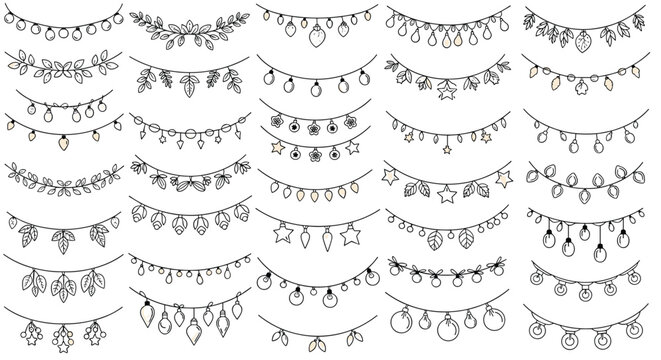 Large collection of hand-drawn doodle-style hanging party garlands and string lights for festive decoration on a white background.