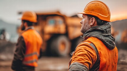 Construction workers in safety vests and hard hats survey the work site near heavy industrial machinery.