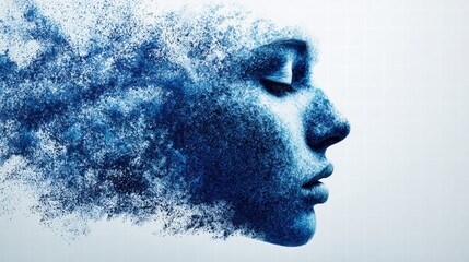 A stunning abstract portrait of a woman's face, dissolving into blue particles.