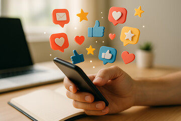 User holding smartphone with glowing colorful icons of social networking communication and digital platform community interaction