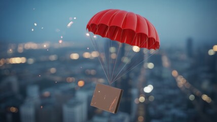 Skyborne Delivery: A vivid depiction of a parcel gracefully descending from the sky via a red parachute, delivering a sense of speed and efficiency in urban setting.