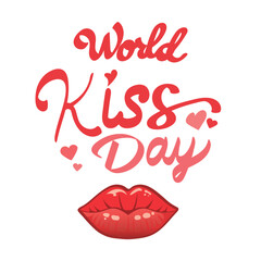 World Kiss Day. Vector illustration of red lips with lettering. World Kissing Day design template for cards, posters, printed materials, and stickers. Vector illustration.