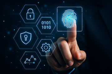 User identity verification with holographic fingerprint scanner and secure digital cyber protection interface