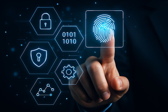 User identity verification with holographic fingerprint scanner and secure digital cyber protection interface - Powered by Adobe