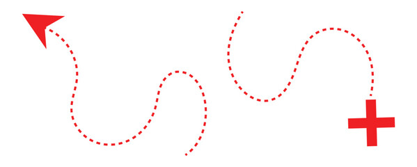 Dotted broken arrows. Directional marks for creative travel map illustrations. Hand drawn wavy dashed direction path, abstract looped arrow curve isolated. 