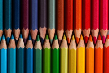 Creative background of colored pencils arranged tips to tips, symmetry of artistic drawing tools, multicolored stationery for school and office, top view of wooden pencils collection
