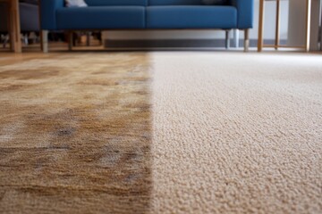 Professional carpet cleaning service before and after result, dirty floor rug transition to clean fresh textile in living room interior with blue sofa, domestic hygiene and housekeeping