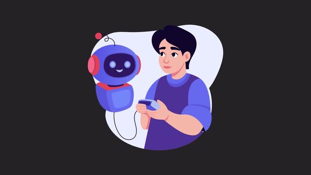 Person programming a small service robot  2D Motion Graphics Animation Alpha channel