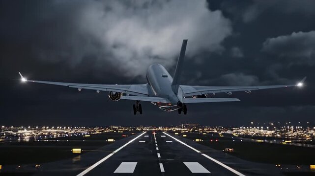 Passenger plane taking off at night with engine jet fire on airport runway. Airplane flying away with city lights. Empty airport on dark night.