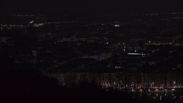 Aerial View Lyon France including Rivers Church and Tower at night