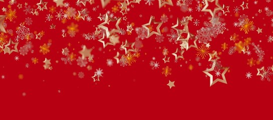 Christmas background with golden stars and snowflakes on a vibrant red backdrop. Perfect for holiday designs, greeting cards and fest