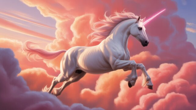 Celestial Unicorn's Ascent: A majestic unicorn, bathed in the soft glow of a dreamy sky, soars gracefully, its horn piercing through the clouds. A fantasy escape.
