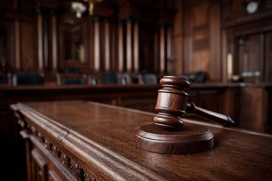 Courtroom setup with a gavel on desk in the center