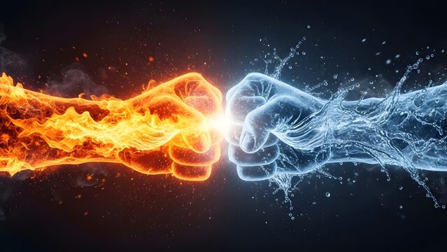 Two fists made of fire and water clashing in a powerful explosion. Opposite elements and conflict concept. Burning flame fist meeting splashing liquid ice fist