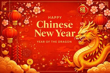 Happy Chinese New Year Celebration with Golden Dragon and Lanterns