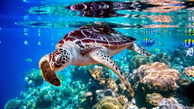 Sea turtle swims under water on the background of coral reefs. The video is generated from my real photo.