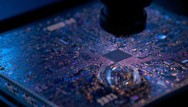 Futuristic computer processor chip inspection with microscope in neon glowing circuit board background