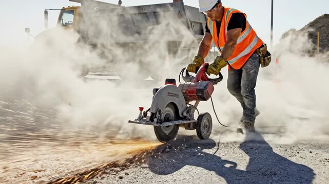 Construction worker cutting concrete with a walk-behind saw on a road site. Man operating heavy machinery with sparks and dust flying. Road repair and infrastructure maintenance concept