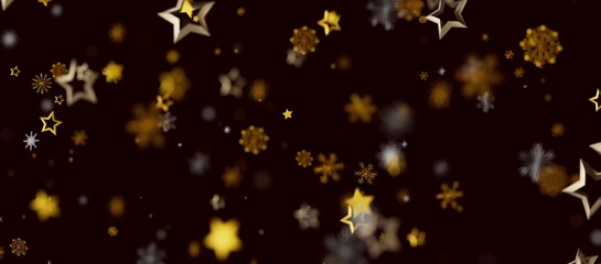 Festive abstract background with gold stars and snowflakes floating on a dark backdrop. Perfect for holiday designs, Chr