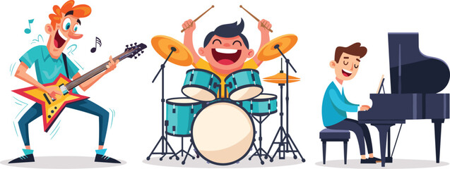 Cartoon musicians playing instruments, joyful band scene, electric guitar, drum set, grand piano, colorful illustration, music collaboration, vector design, performance theme, artistic vibe © Snigdha Creatives