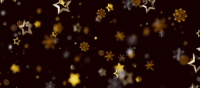 Festive abstract background with gold stars and snowflakes floating on a dark backdrop. Perfect for holiday designs, Chr