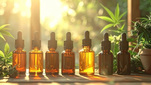 Row Of Amber Glass Bottles With Droppers On Wooden Surface Displayed With Greenery And Bokeh Background