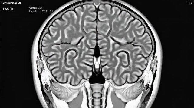 Coronal MRI brain scan through different sections of adult head, showing anatomical structure and diagnostic imaging