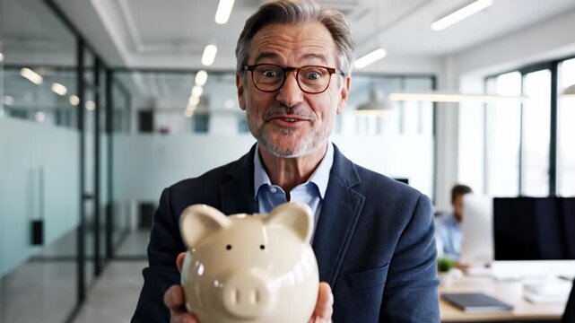 Caucasian man in glasses holding a piggy bank and expressing different emotions in an office. Financial savings concept.