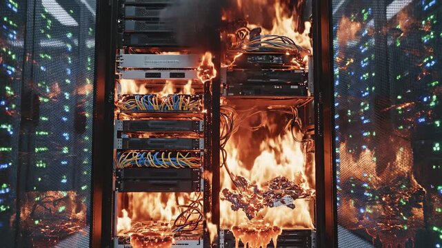 Server fire spreading in data center, explosion of sparks damaging network equipment. Digital security risk concept.