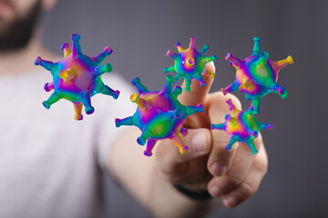 3D rendered illustration of virus germs with a person hand, modern and abstract representation....
