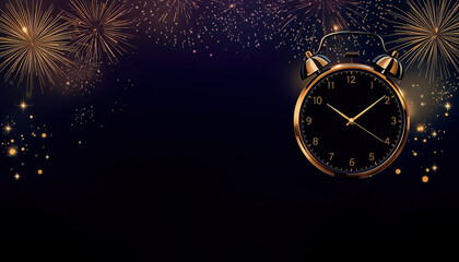 Minimal New Year background with elegant clock at midnight, golden bokeh and subtle fireworks glow, ideal for advertising banners and festive designs.