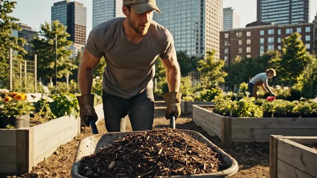 Young man pushing a wheelbarrow full of mulch in an urban community garden. Gardener working with city skyline in the background. Sustainable living concept