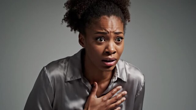 A shocked and scared young woman gasping for air. Portrait of a terrified person having a panic attack after hearing bad news. Fear and anxiety concept