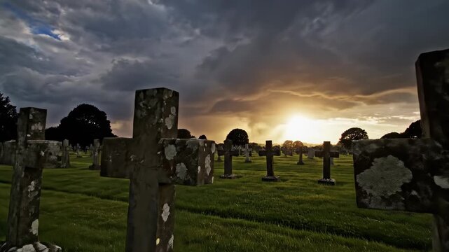 Cemetery with many old stone cross gravestones under dramatic changing sky as light shifts from patchy clouds to sunset