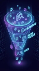 Neon digital recruitment funnel illustrating CV screening to hiring.