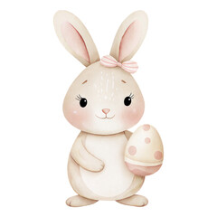 Fototapeta premium Cute watercolor Easter bunny holding pastel egg nursery illustration
