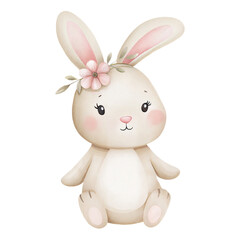 Obraz premium Cute watercolor bunny illustration with floral headband pastel nursery art design