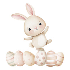 Obraz premium Cute watercolor bunny jumping over pastel Easter eggs nursery illustration