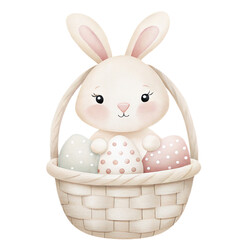 Cute watercolor bunny peeking from basket with pastel Easter eggs nursery art