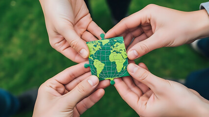 Four hands holding a green and yellow puzzle piece of the earth