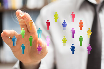 A business person interacting with a futuristic interface, representing a network of diverse individuals. Concept of global connection and colla