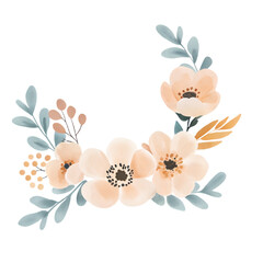 Watercolor pastel floral corner with soft blossoms and gentle spring leaves