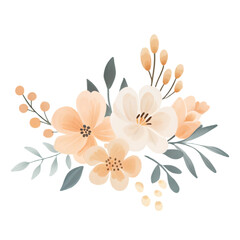 Watercolor pastel floral cluster with soft spring blossoms and airy leaves