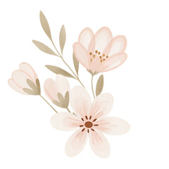 Watercolor pastel floral sprig with soft blossoms and minimal spring leaves