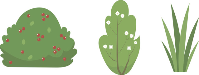 Green Bush Flowering Shrub Flat Vector Garden Plants Icon Set. Berry Laden Bush, A Blooming Floral Shrub, and Decorative Green Grass Icon. Bush Landscape Symbols, Vector Illustration, Flat Design.